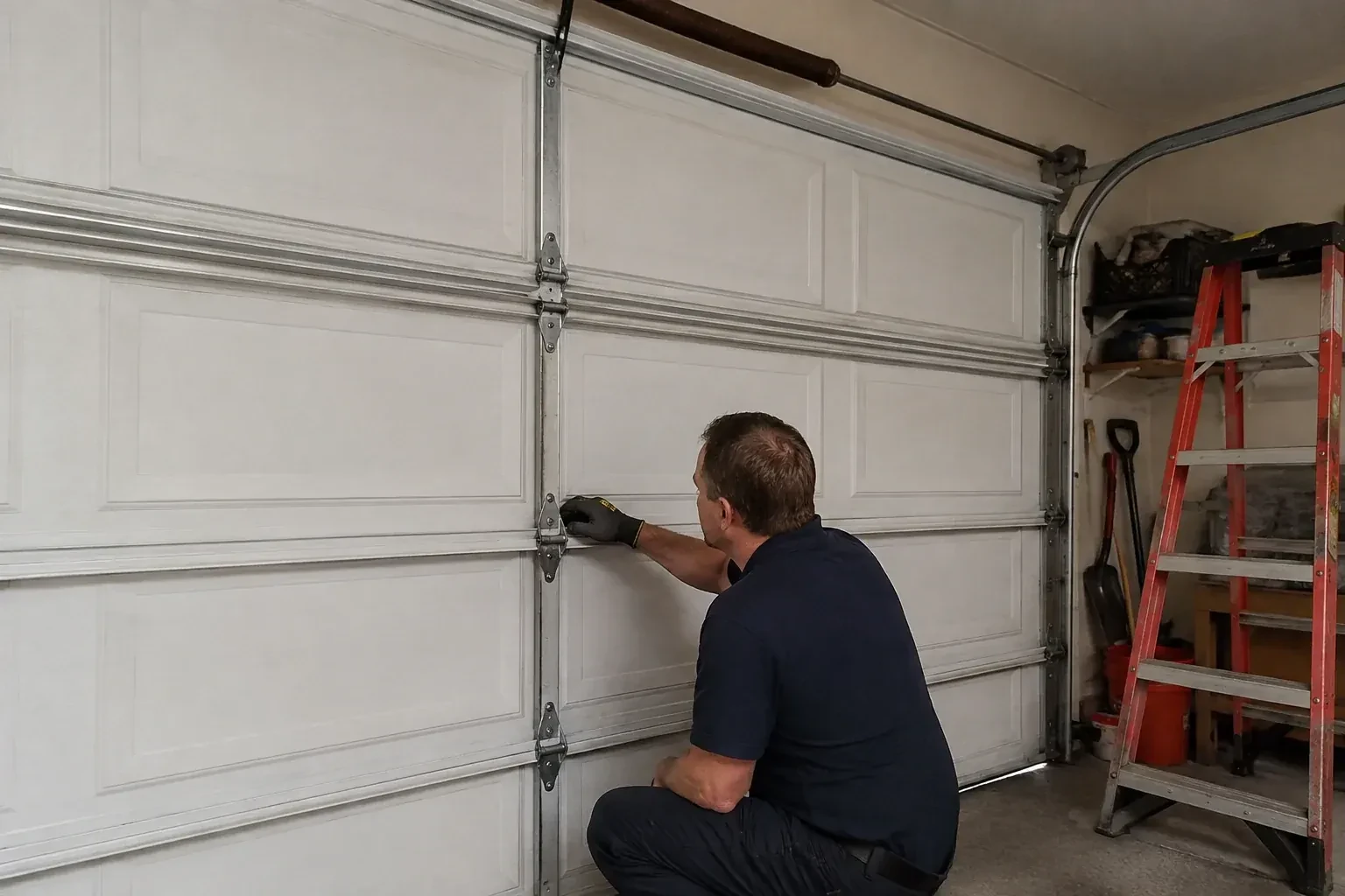 A person examines a central hinge joining two sections of a closed garage door. — Garage Door Hinge Replacement, Toronto