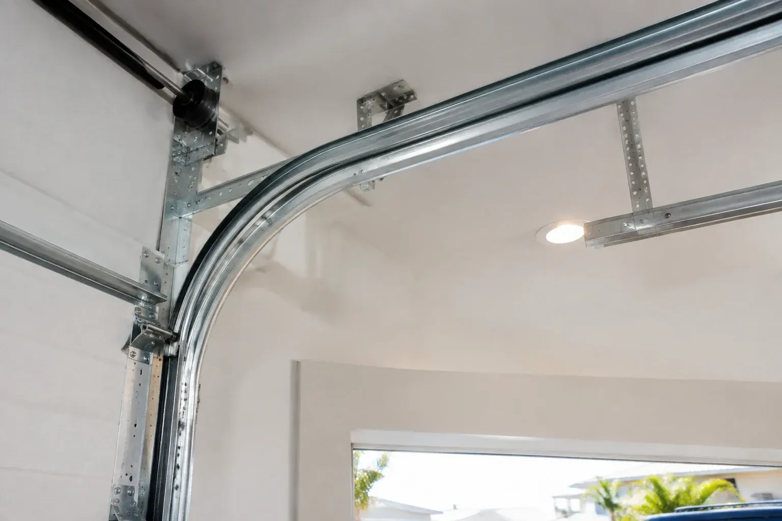 Curved galvanized steel track bending from the vertical door track into the ceiling, with perforated brackets and a recessed light. — Garage Door Track Repair or Replacement, Toronto
