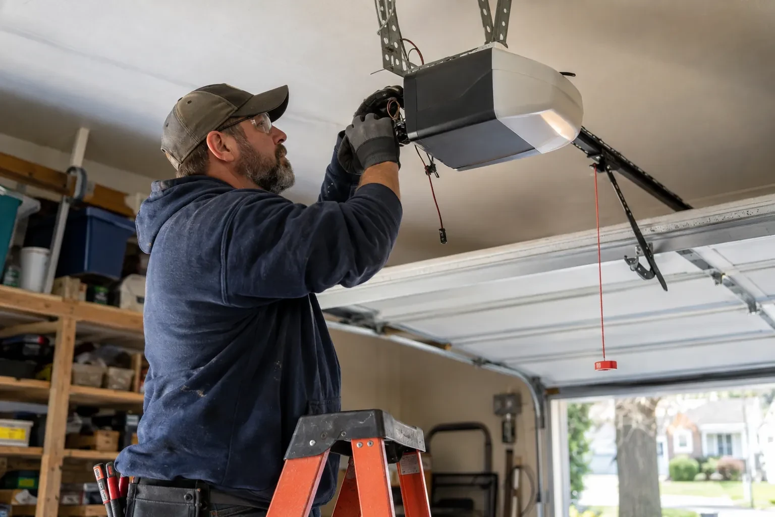 Technician on an orange stepladder reaching gloved hands into a ceiling opener, with loose wires and a red pull cord hanging below.