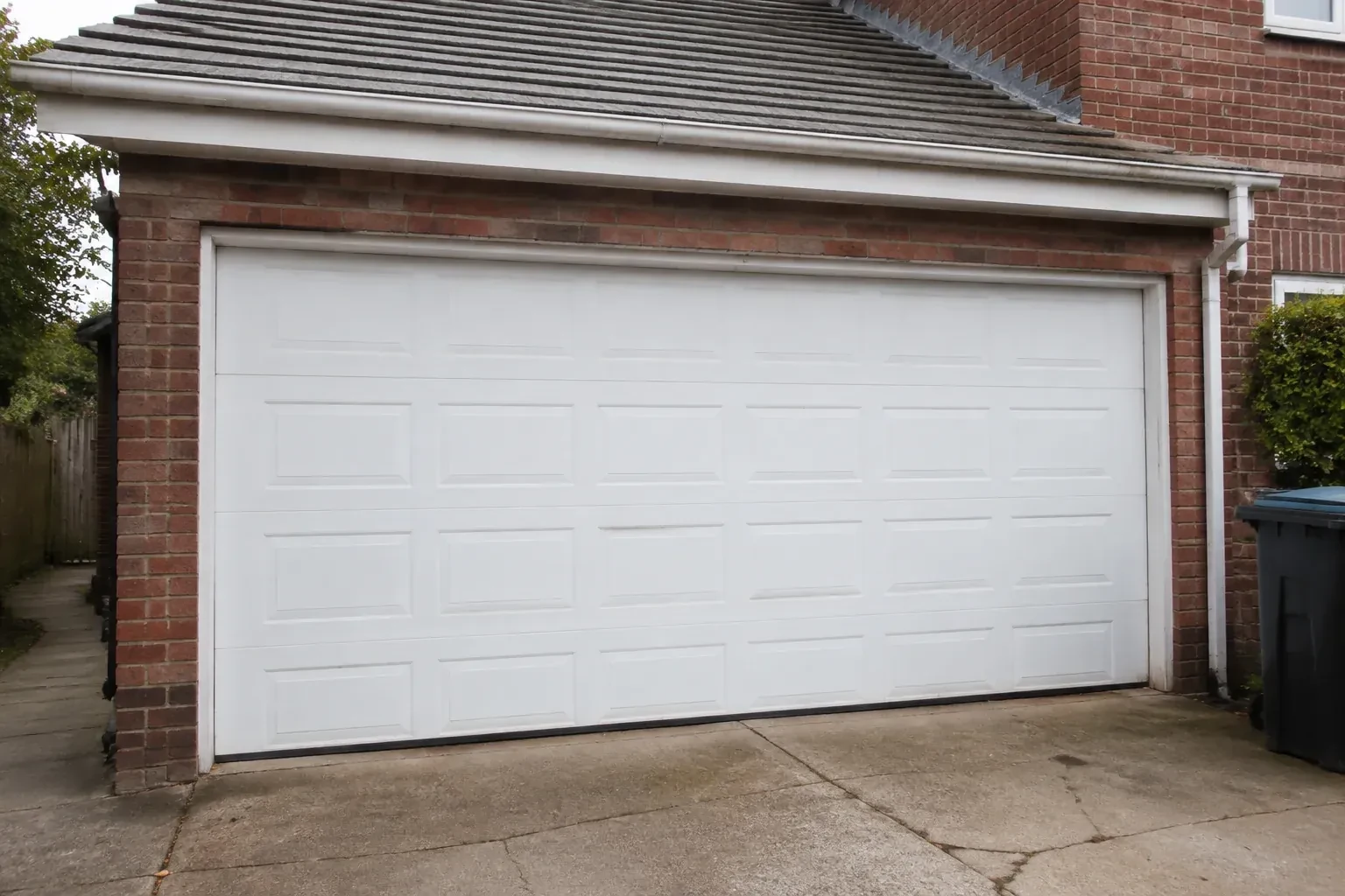 Closed white sectional garage door at an ordinary brick house. — Sectional Garage Door Replacement, Toronto